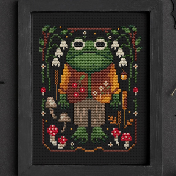 Toad cross stitch pattern, Frog Cross Stitch, Spring cross stitch, Swamp cross stitch, Farmhouse, Cottagecore Goblincore Adventurecore