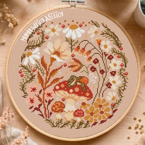 Patrón de punto de cruz de rana, sapo, anfibio, hongo, amonita, seta, hongos, setas, fresa, kawaii, pdf, descarga digital