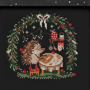 Patrón de punto de cruz de Navidad Cookies and Chill, Papá Noel, Adorno, Muestra de invierno, Festivo moderno, bordado, corona, erizo