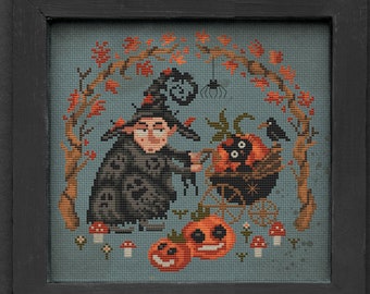 Runing Errands, cat, pumpkin cross stitch pattern, witch color chart, creepy embroidery sample, spooky stitch