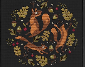 Squirrel Party, acorn, oak, leaf, campfire, cross stitch pattern, cottagecore, camp, adventurecore, camping, travel