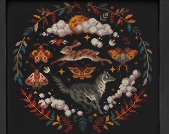 Whimsical Forest Cross Stitch Pattern: Wolf, Fox, Moth (Digital Download)