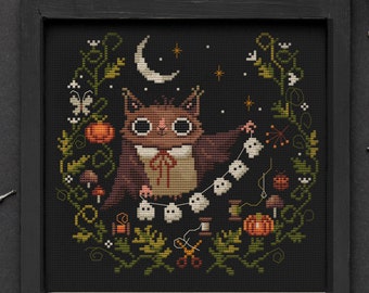 Midnight Crafter, Halloween kruissteek, skelet, pompoen, heks, geest, herfst, herfst, bladeren, bos, uil