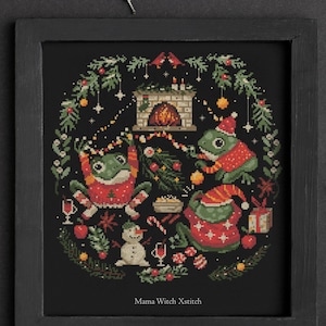 Christmas Toads cross stitch pattern, Santa Claus, Ornament, Winter Sampler, Modern festive instant download Folk Art Primitives