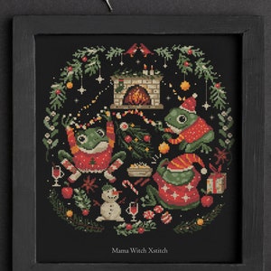 Patrón de punto de cruz de sapos navideños, Papá Noel, ornamento, muestra de invierno, descarga instantánea festiva moderna Folk Art Primitives