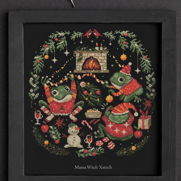 Christmas Toads cross stitch pattern, Santa Claus, Ornament, Winter Sampler, Modern festive instant download Folk Art Primitives