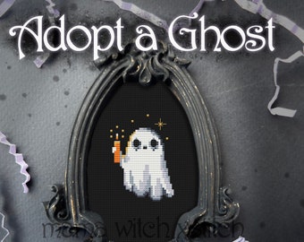 Pet ghost, Halloween cross stitch pattern, skeleton, pumpkin, witch, ghost, fall, autumn, leaves, forest, back cat, crow, raven, spooky