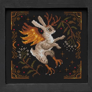 Patrón de punto de cruz Jackalope, carta de colores de conejo, muestra de bordado de liebre, lindo punto de aguja simple, fase lunar, mariposa