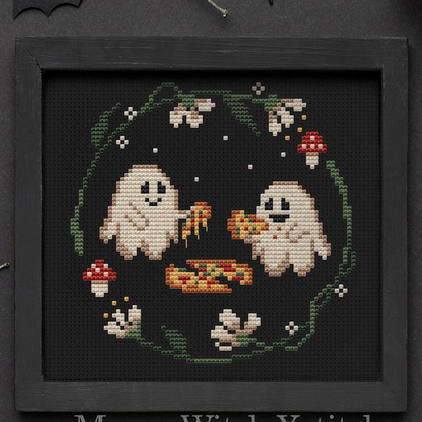 Pizza Buddy, Halloween cross stitch pattern, skeleton, pumpkin, witch, ghost, fall, autumn, leaves, forest, back cat, crow, raven, spooky