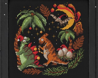 Motif de point de croix dinosaure de Noël, père Noël, ornement, échantillon d'hiver, téléchargement instantané festif moderne, art folklorique primitifs