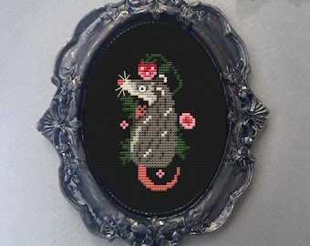 Strawberry Possum mini cross stitch pattern, Opossum Cross Stitch, Fall cross stitch, kitchen cross stitch, Autumn cross stitch, Trash cat