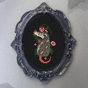 Strawberry Possum mini cross stitch pattern, Opossum Cross Stitch, Fall cross stitch, kitchen cross stitch, Autumn cross stitch, Trash cat