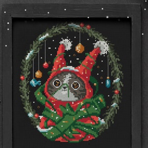 Patrón de punto de cruz de gato de Navidad, regalo de mamá gato, adorno, muestra de invierno, descarga instantánea festiva moderna, bordado