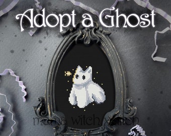 Cat ghost, Halloween cross stitch pattern, skeleton, pumpkin, witch, ghost, fall, autumn, leaves, forest, black cat, crow, raven, spooky