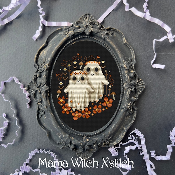 Flower ghosts Halloween cross stitch pattern, skeleton, pumpkin, witch, ghost, fall, autumn, leaves, forest, back cat, crow, raven, spooky