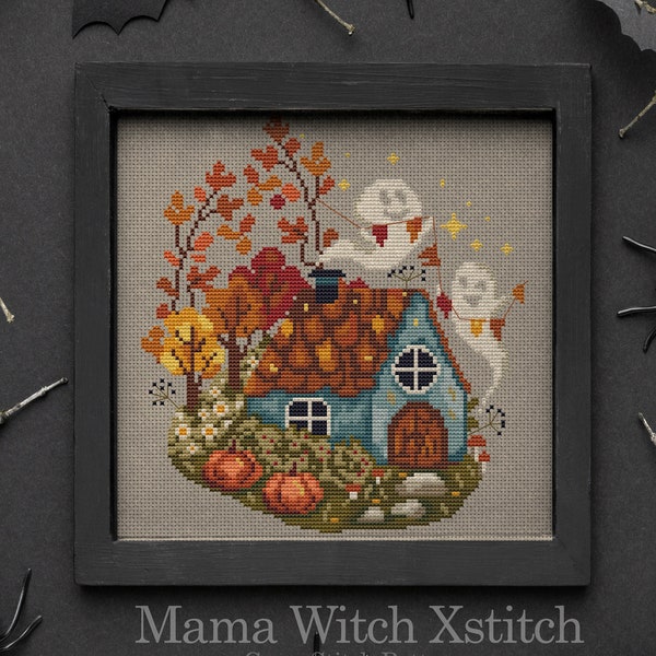 Thanksgiving, Halloween cross stitch, skeleton, pumpkin, witch, ghost, fall, autumn, leaves, forest, owl