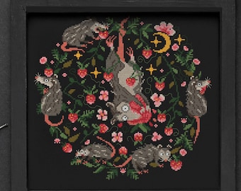 Strawberry Possum Cross Stitch Pattern: Whimsical Opossum Design (PDF Pattern)