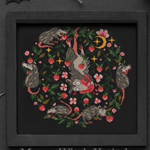 Strawberry Possum Cross Stitch Pattern: Whimsical Opossum Design (PDF Pattern)
