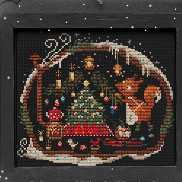 Christmas squirrel cross stitch pattern, Santa Claus, Ornament, Winter Sampler, Modern festive instant download Folk Art Primitives
