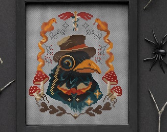 Doctor Crow cross stitch pattern, raven color chart,  embroidery sample, cute simple needlepoint, spooky cross stitch