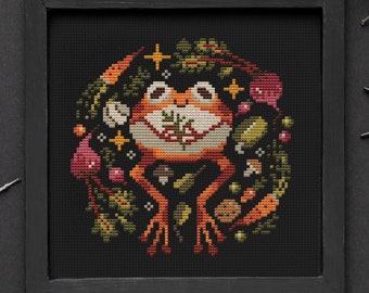 Frog Cross Stitch Pattern: Goblincore Cottagecore Design (PDF Pattern)
