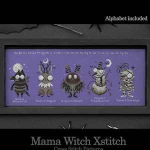 Wzór haftu krzyżykowego z postaciami z Halloween: Upiorny jesienny wzór (wzór PDF)