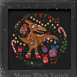 Patrón de punto de cruz de dinosaurio navideño, Papá Noel, Adorno, Muestra de invierno, Descarga instantánea festiva moderna Primitivas de arte popular
