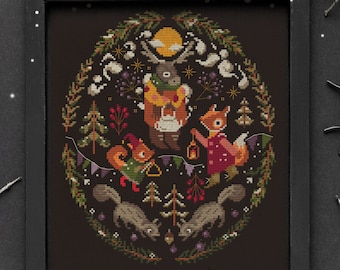 Secret Tea Party-kruissteekpatroon: winterdieren, feestelijke krans (pdf-patroon)