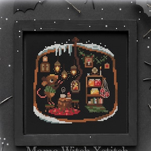 Patrón de punto de cruz navideño de noche ocupada, Papá Noel, adorno, muestra de invierno, festivo moderno, bordado, corona, muérdago