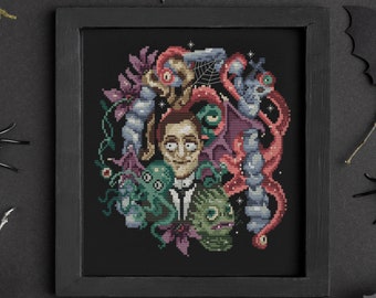 May include: Cross stitch pattern featuring a man with a dark suit and a creepy smile surrounded by various monsters and creatures. The pattern is on black fabric and includes the text "Mama Witch Xstitch".
