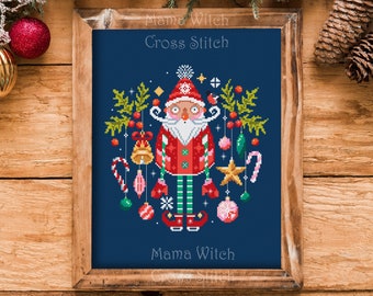 MERRY AND BRIGHT Christmas cross stitch pattern, Santa Claus, Ornament, Winter Sampler, Modern festive instant download
