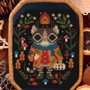 Cat cross stitch pattern, Kitten Cross Stitch, Spring cross stitch, Woodland embroidery, Farmhouse, Cottagecore Goblincore Adventurecore