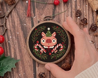 Piglet Christmas cross stitch pattern, Santa Claus, Ornament, Winter Sampler, Modern festive, embroidery,  wreath, mistletoe, mini pattern