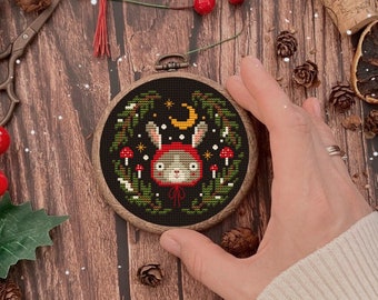 Bunny Christmas Cross Stitch Pattern: Winter Wreath Ornament (PDF Pattern)