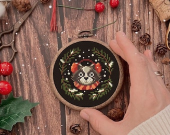 Racoon Christmas cross stitch pattern, Santa Claus, Ornament, Winter Sampler, Modern festive, embroidery,  wreath, mistletoe, mini pattern