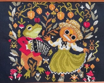 Pumpkin, Toad, Frog, Ghost, cross stitch pattern, Halloween color chart, Spooky Creepy Horror embroidery sample, Folk Art