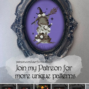 May include: A framed cross-stitch pattern of a witch frog with a broom and a spider on a purple background. The text "patreon.com/user?u=8400429 Join my Patreon for more unique patterns" is below the frame. Five smaller framed cross-stitch patterns are below the text.