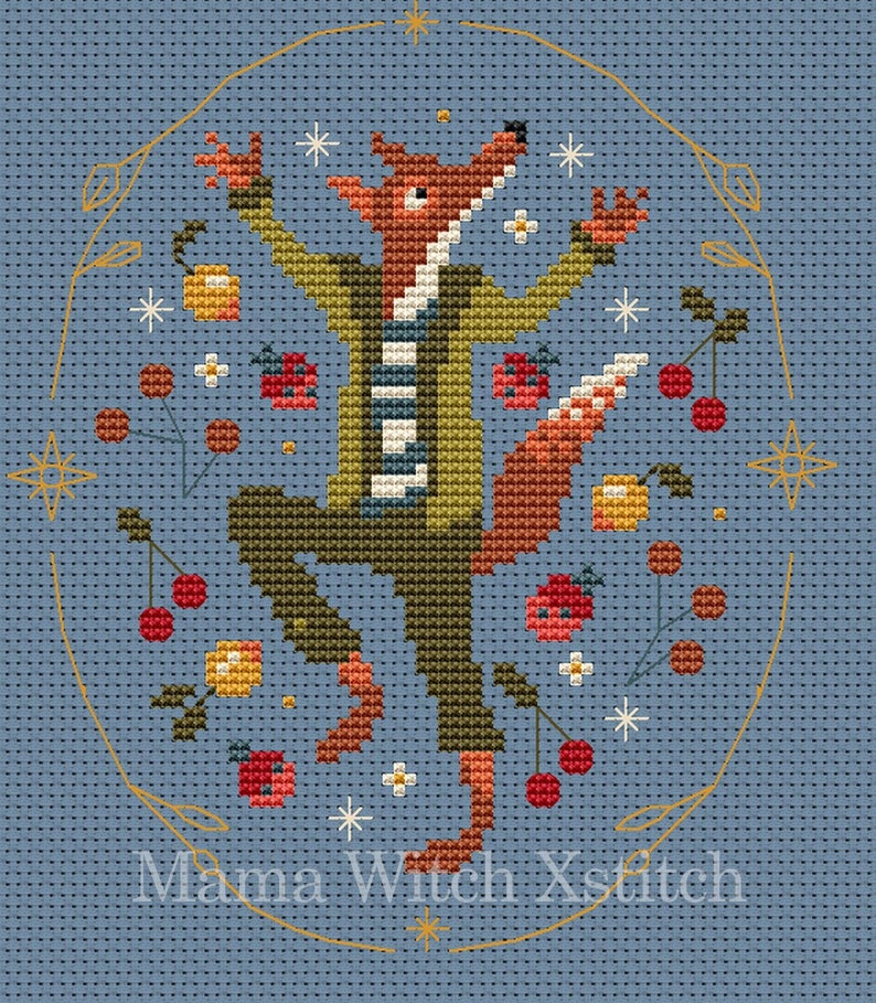 May include: A cross-stitch pattern featuring a fox in a green jacket and striped scarf dancing with cherries and other fruit around it. The background is a light blue color with a gold circle around the fox. The text "Mama Witch Xstitch" is at the bottom of the image.