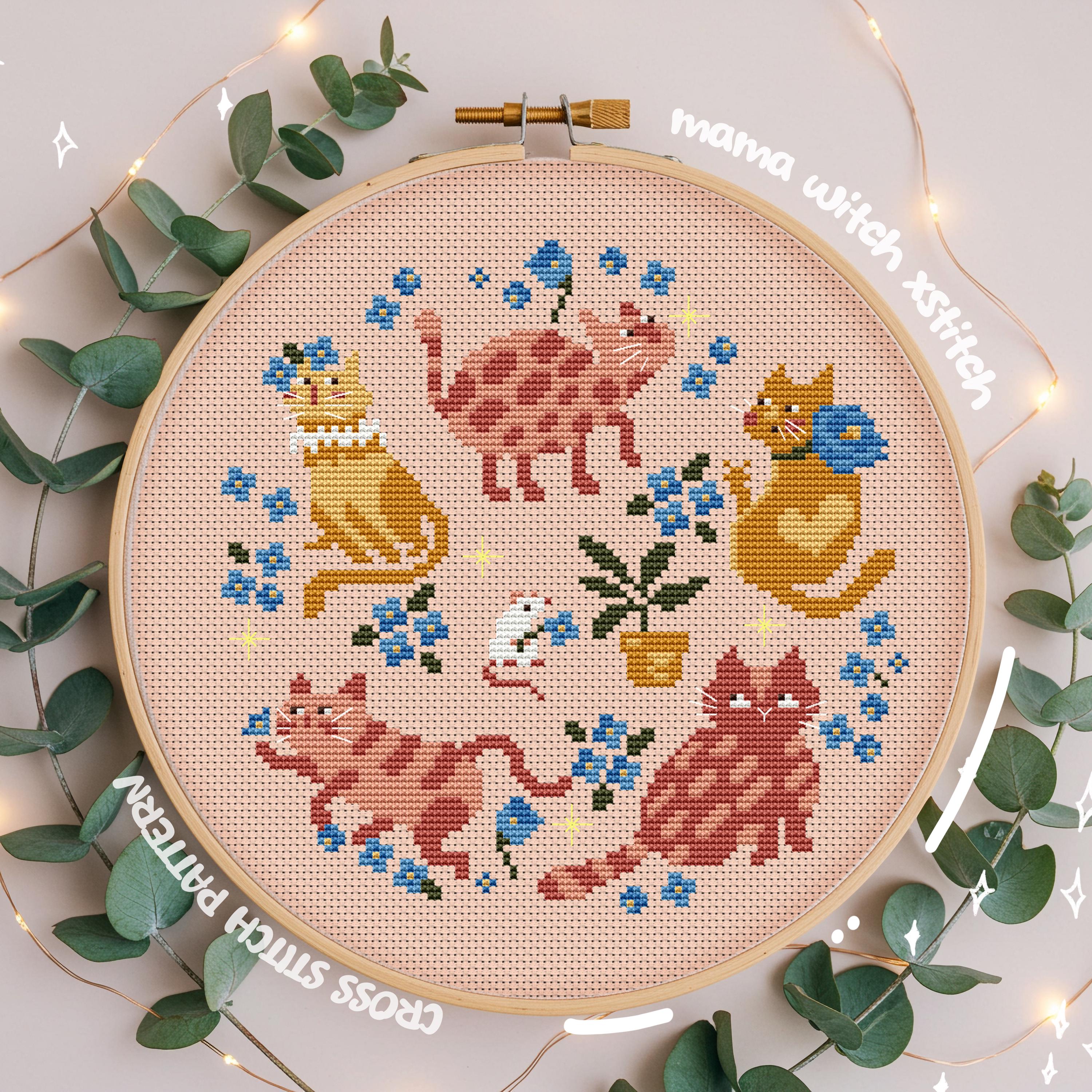かわいい猫のクロスステッチパターン：魔女の子猫の刺繍（PDF図案