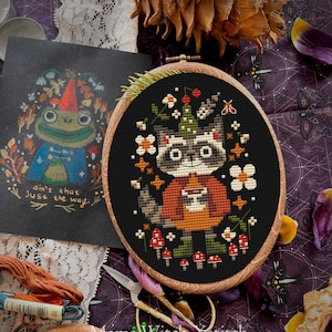 Racoon cross stitch pattern, Coffee Cross Stitch, Spring cross stitch, Woodland embroidery, Farmhouse, Cottagecore Goblincore Adventurecore