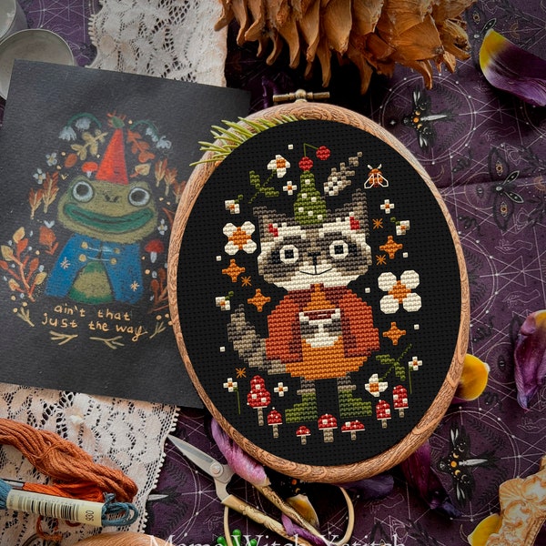 Racoon cross stitch pattern, Coffee Cross Stitch, Spring cross stitch, Woodland embroidery, Farmhouse, Cottagecore Goblincore Adventurecore