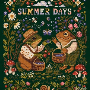 May include: Cross-stitch embroidery featuring two frog characters in a garden setting, picking berries. The design includes the text "SUMMER DAYS" and is surrounded by flowers, mushrooms, and butterflies. The color palette includes shades of green, brown, pink, and blue.