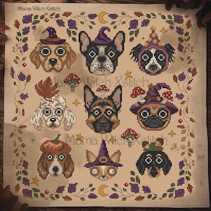 May include: Cross-stitch design featuring nine dog faces, each wearing Halloween hats and accessories. The design includes a border of leaves, mushrooms, and stars, with the text "Mama Witch Xstitch".