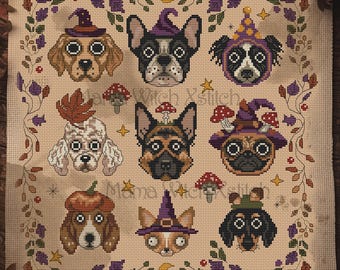 Patrón de punto de cruz de Howl-oween Dogs, punto de cruz de Halloween, punto de cruz de otoño, punto de cruz moderno, gráfico de bordado, regalo para mamá perruna
