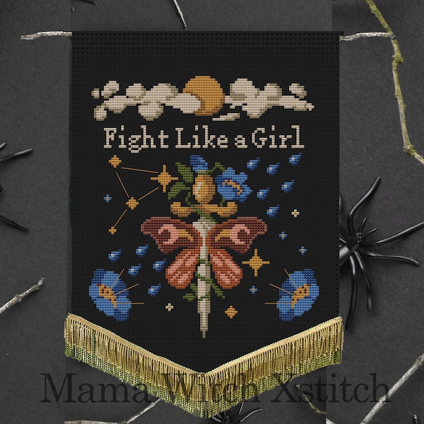 Fight like a girl, cross stitch pattern, girl power, feminist, empowering quote chart, embroidery