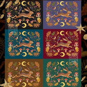 May include: A collection of six cross-stitch patterns featuring a running hare, crescent moons, mushrooms, and birds. Each design is set against a different background color, including gold, purple, teal, burgundy, brown, and green. The text "MAMA WITCH XSTITCH" is visible.