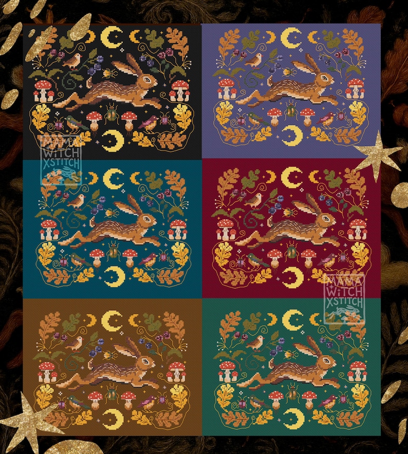 May include: A collection of six cross-stitch patterns featuring a running hare, crescent moons, mushrooms, and birds. Each design is set against a different background color, including gold, purple, teal, burgundy, brown, and green. The text "MAMA WITCH XSTITCH" is visible.