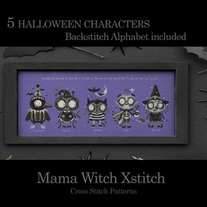 Op de afbeelding: Kruissteekpatroon met vijf Halloween-personages: een kraai, een pompoen, een kat, een vampier en een heks. Het patroon bevat een achterwaarts alfabet. De personages zijn gestikt op een paarse achtergrond.