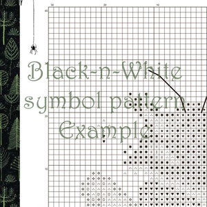 May include: Black and white cross stitch pattern chart with a grid of symbols. The chart includes a variety of symbols, including stars, hearts, and other shapes. The text "Black-n-White symbol pattern example" is written above the chart.