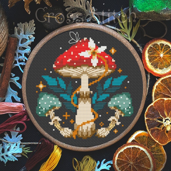 Mushroom cross stitch pattern, Witchy fungi color chart, Funny toadstool embroidery sample, Gothic cross stitch PDF